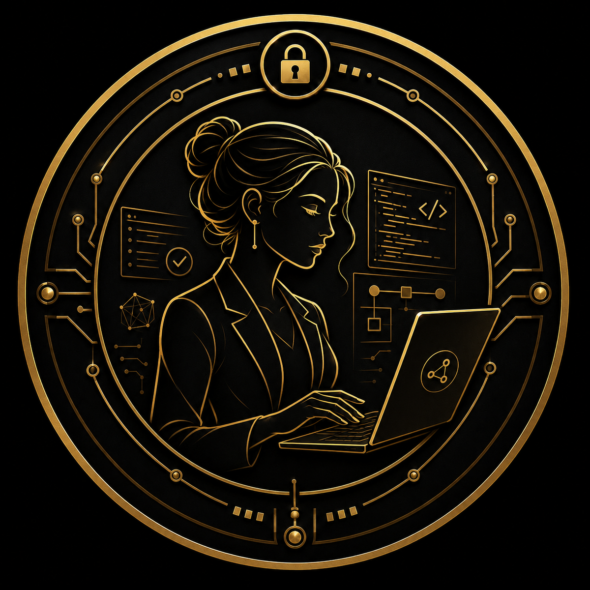 Emblema LeblankCypher com figura feminina codificando